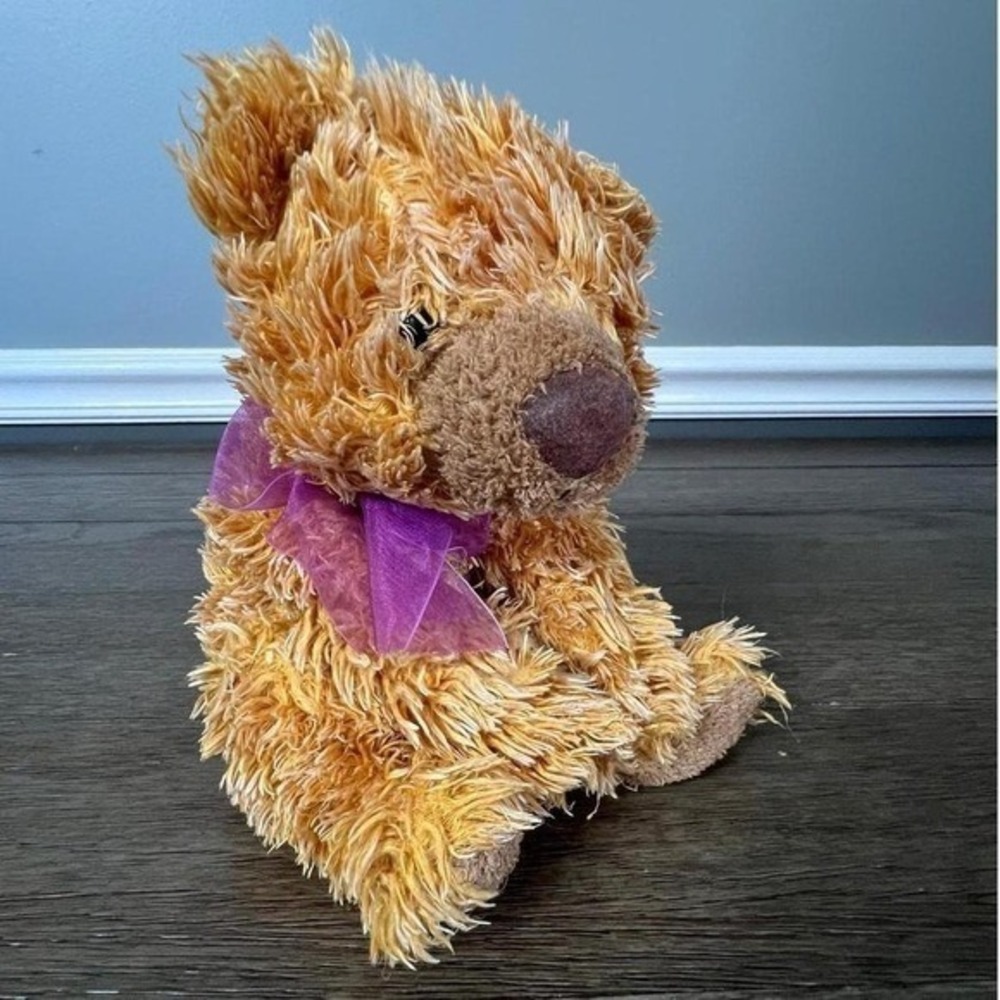 Shaggy Golden Brown Teddy Bear Plush Stuffed Animal Purple Bow Unbranded 10"